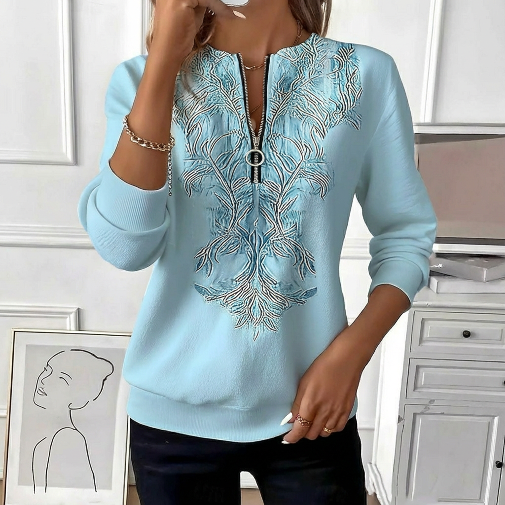 Soraya™ | Elegant Zip-Front Embroidered Sweater